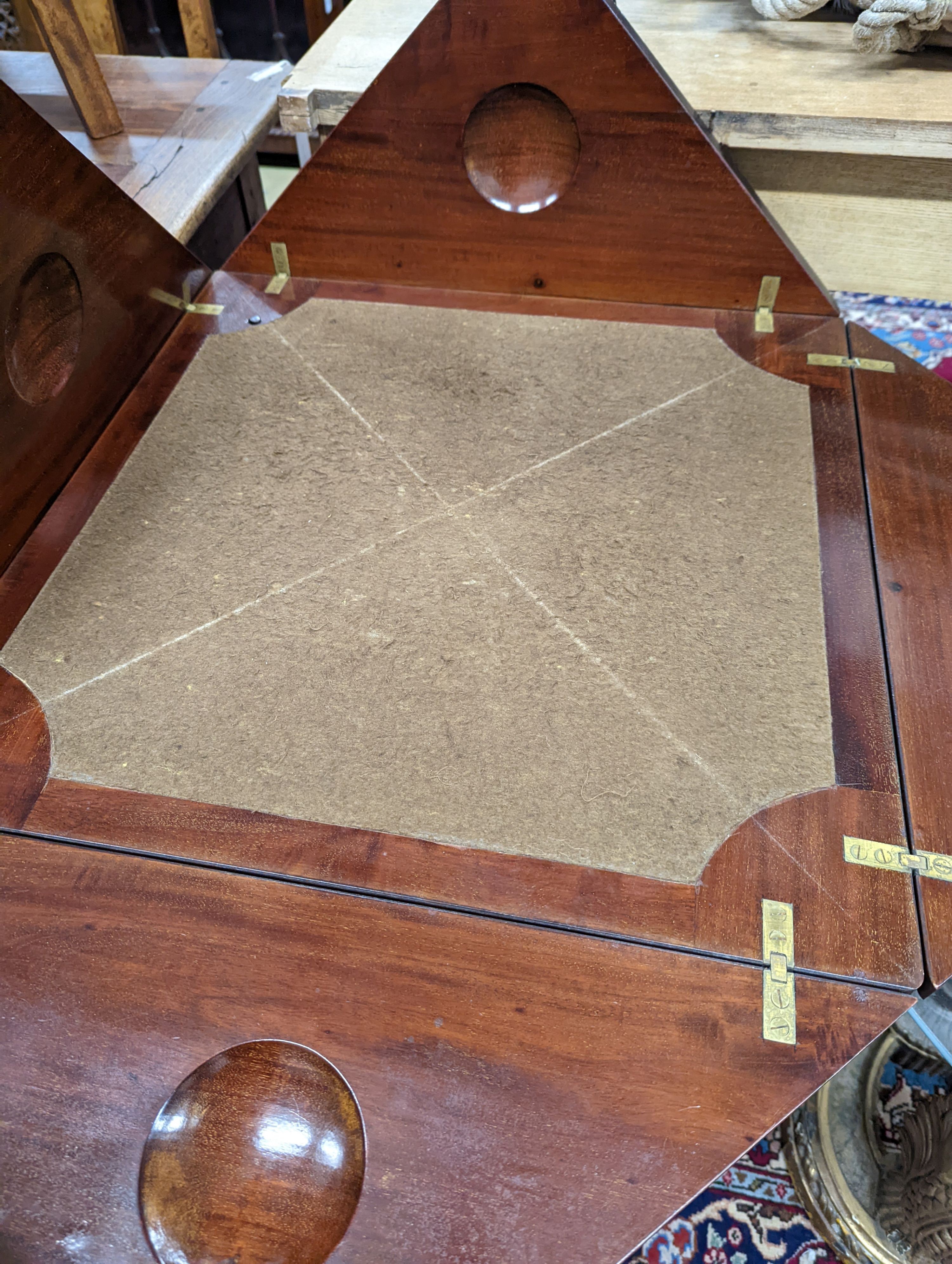 An Edwardian Art Nouveau mahogany and marquetry envelope card table. W-56, D-56cm, H-73cm.